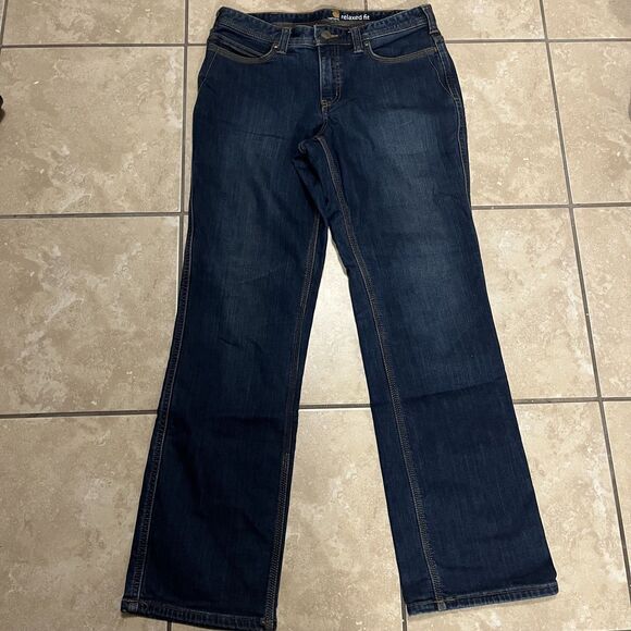 Carhartt Jeans Womens 8 Relaxed Fit Lined Dark Wash Denim Workwear Outdoor Logo - Picture 1 of 8